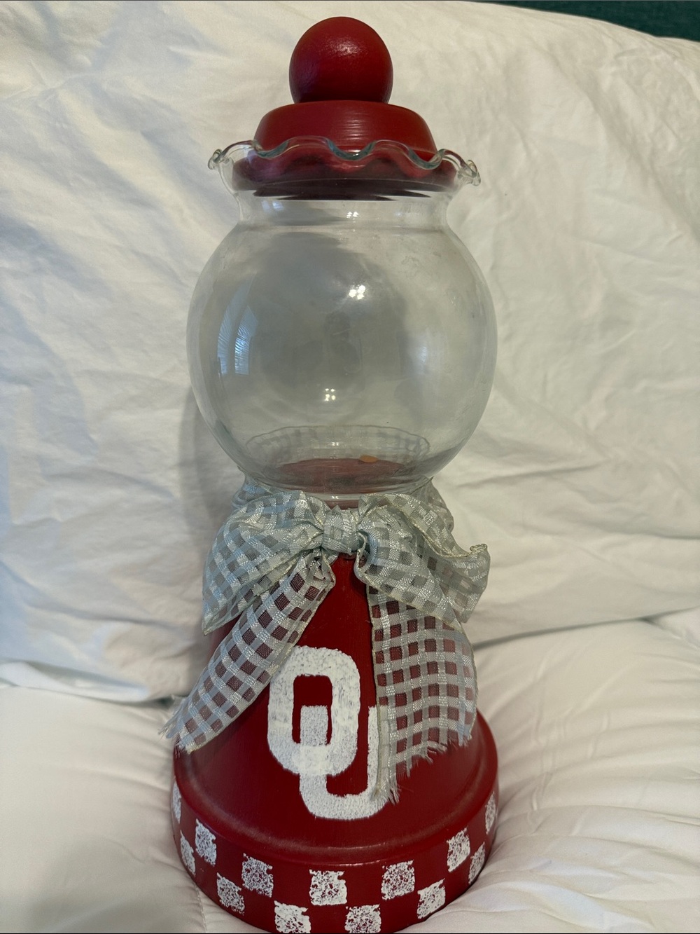 Red Decorative Glass Jar Vase with OU Accent and Checkered Base